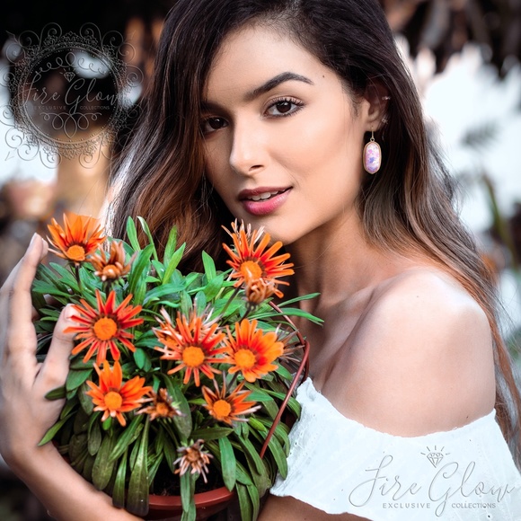 Gold Tone Framed Iridescent Lavender Opal Earrings - Picture 5 of 8